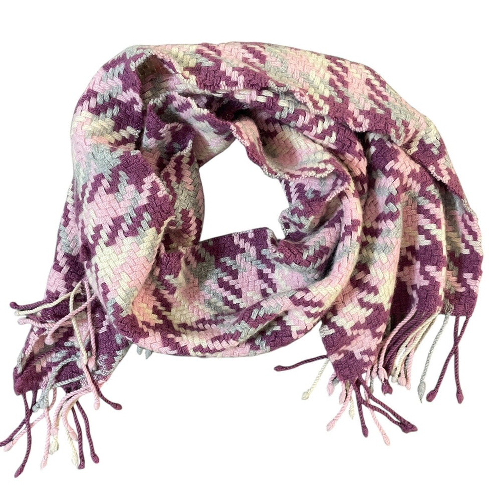 Charter Club Scarf Cashmere Woven Houndstooth Pattern Pink Gray Rectangle Fringe
